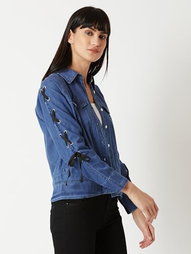 Image of Miss Chase Women's Polo Neck Full Sleeves Patch Pocket Denim Overcoat Knee-Length Jacket