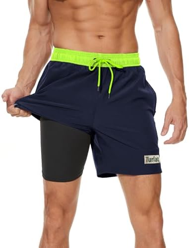 Black Mens Swim Trunks with Compression Liner 5" Quick Dry Swimming Beach Shorts for Men Bathing Suits Zipper Pockets