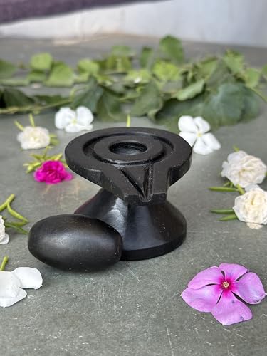 Image of Shivam VASTU AKAL 1.5 inch Original Narmadeshwar Narmada Shivling with 3 inch Narmada Stone Yoni Base Jaladhari (Black Shivling, Black Damtu Jaladhari)