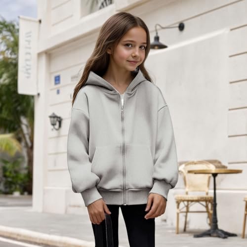 Full Zip Up Hoodies for Teen Girls Long Sleeve Drop Shoulder Jackets Winter Casual Solid Outwear Clothes for 5-16Y3