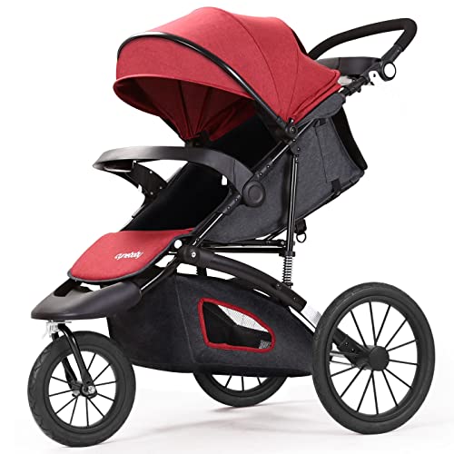 Baby Jogging Stroller for Toddler Kids Compact Single City Jogger Strollers All Terrain Jog 3 Wheels Pushchair Expedition with Parent Console (Red)