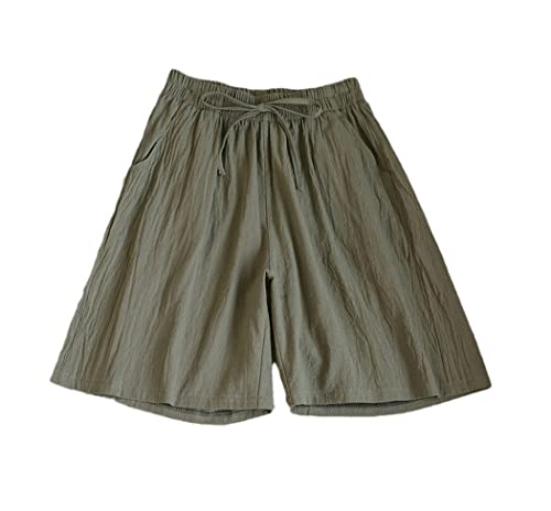 Short d'été en coton et lin vert militaire XL pour femme à taille haute