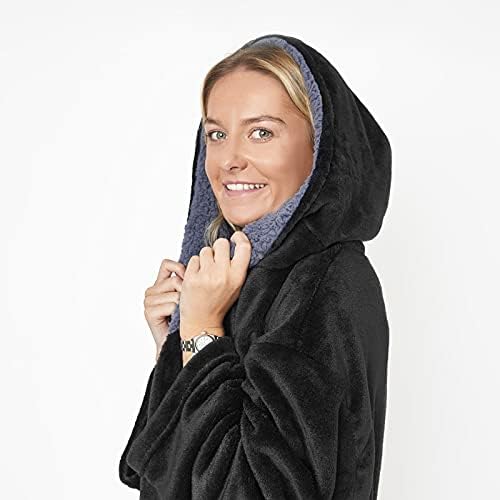 Sienna Super Soft Flannel Fleece Hooded Dressing Gown Womens Sherpa Lined Fluffy Luxurious Comfy Cosy Bathrobe Gifts for Mum (Black, One Size Fits All - Adults Men Women)