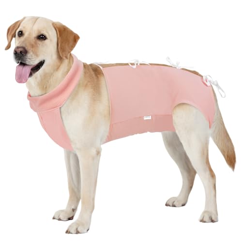 Image of BARKLESS Recovery Suit for Dogs, Soft Surgical Onesie for Female Spay | Breathable Cotton Body Suit for Dog After Surgery to Prevent Licking Abdominal Wounds, Cone Alternative (Pink, L)