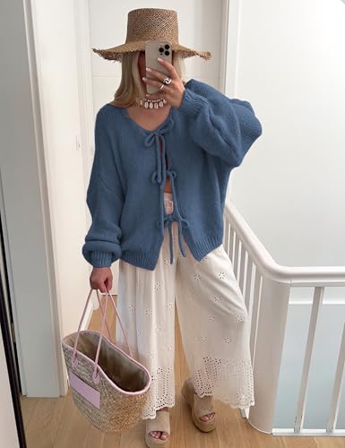 Image of SKIKYAN Women Bowtie Oversized Knit Sweater Cardigan Y2K Long Sleeve V Neck Open Front Casual Knitwears