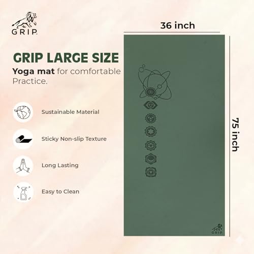 Image of GRIP Yoga Mat | Exercise Mat | 36 x 75 Inches | 12mm Thick | 7 Chakras Design |Wide Premium Exercise Mat with Yoga Strap | Anti-Slip & Anti-Tear Ideal for Yoga, Pilates, Home Workouts & Gym Use (Green)