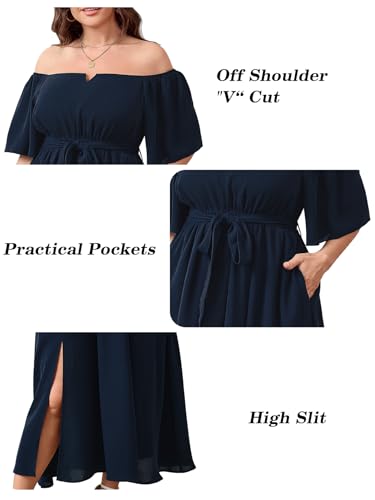 Image of SCOMCHIC Womens Plus Size Formal Dresses Off The Shoulder Wedding Guest Cocktail A-Line Split Maxi Dress with Pockets