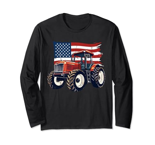 Farm Tractors USA Flag Patriotic Farming 4 de julio Farmer Manga Larga