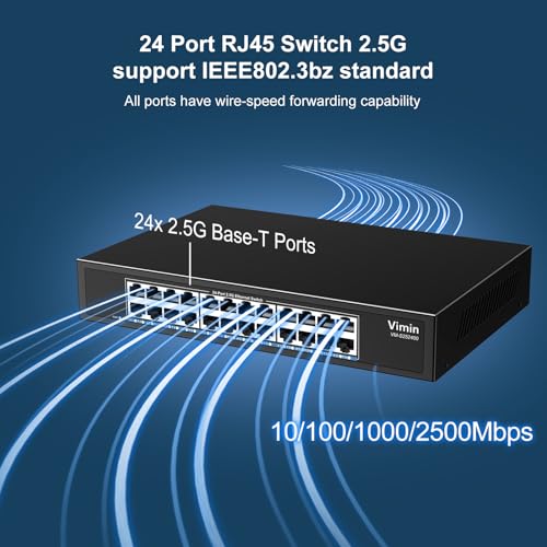 Image of 24 Port 2.5G Switch Unmanaged, Vimin 2.5GB Base-T Ethernet Switch 24 Ports, 2.5Gb Network Switch Plug & Play, Compatible with 10 /100 /1000 /2500Mbps, 120Gbps Switching Capacity, Metal Housing, Fanless
