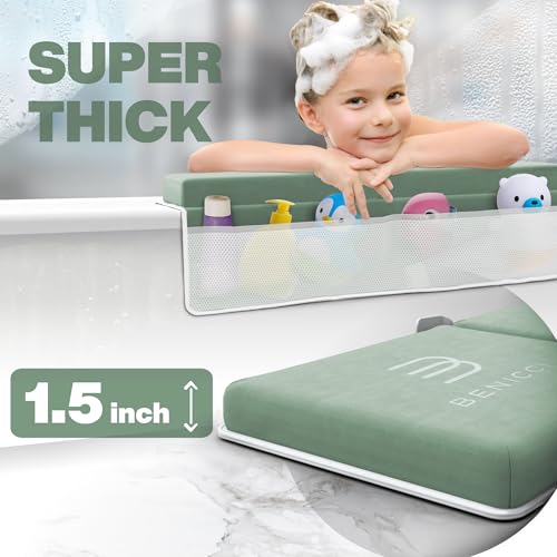 Image of Comfortable Bath Kneeler and Elbow Kneeling Rest Pad for Baby Bathing Parents - Painless Foam Mat with Toy Organizer Pockets - Quick Drying, Foldable, Non-Slip for Baby and Toddler Bathing - Green