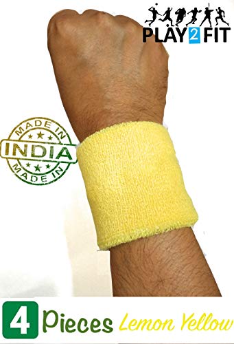 Image of Play2Fit 4 Cotton Wristband (2 Pair) Soft Sweatband For All Sport, Stretchable, Sweat Absorbent Supports Wrist Made In India (Lemon Yellow, 5 Inch)