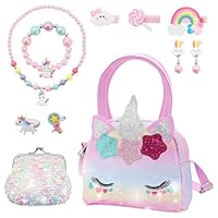 Aleker Unicorn Handbag with Princess Jewelry Set for Girls 3-8 Years - Dress Up Accessories