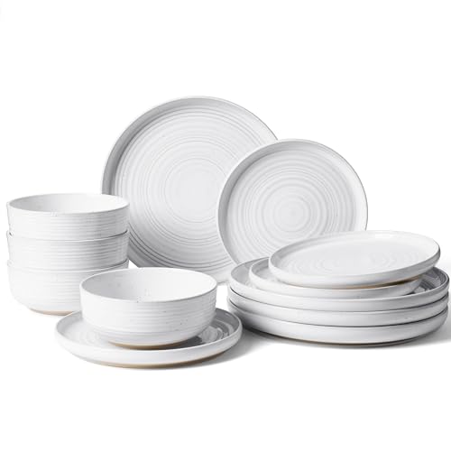 Stoneware Dinnerware Sets, Plate and Bowl Sets for 4, 12 Pieces Spiral Flared Dishware Set with Speckles & Reactive Glaze – Microwave and Dishwasher Safe Tableware, White