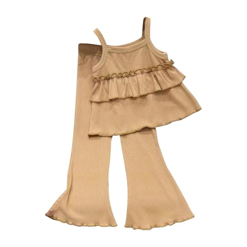 Girl's 2 Piece Outfits Spaghetti Strap Knit Camisole Ruffle Top & Ribbed Flare Pants Knit Outfits Girls Matching 𝐋ounge Set