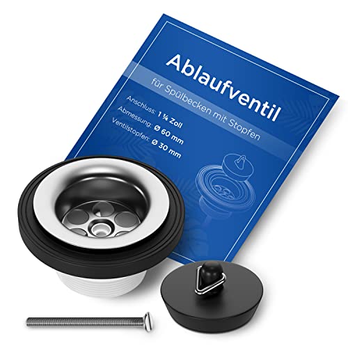 AQUADE Válvula de desagüe universal, 1¼ x 30 mm, diámetro de 60 mm, con tapón y estribo triangular para lavabo, bañera, accesorio de lavabo, tapón de acero inoxidable, color negro Cover