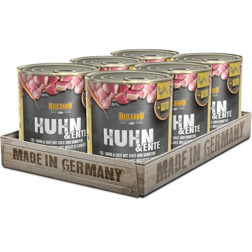 BELCANDO Nassfutter für Hunde, Huhn und Ente mit Hirse und Karotten, 6X 800g Dose, Hundefutter nass, für alle Rassen, Made in Germany