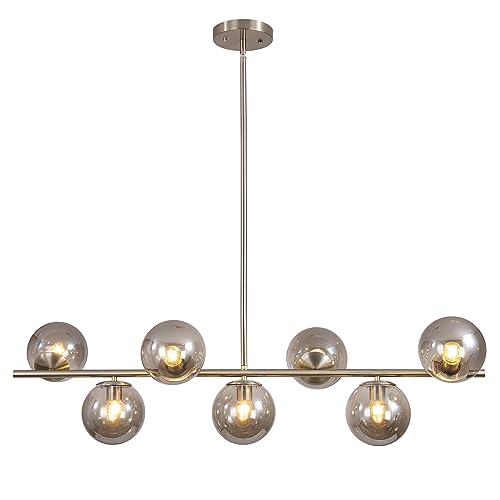 Image of KCO Lighting MCM Brushed Nickel Linear Sputnik Chandeliers for Dining Room | 31.5 inch Rod for Sloped Ceiling, 7W 3000K E26 Bulb Included, Smoke Gray Glass Globe Pendant Light for Kitchen Island Living Room