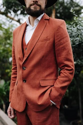 Men's 3 Pieces Linen Suits One Button Jacket Single Breasted Vest Pants Set Slim Fit Wedding Suits for Mens2