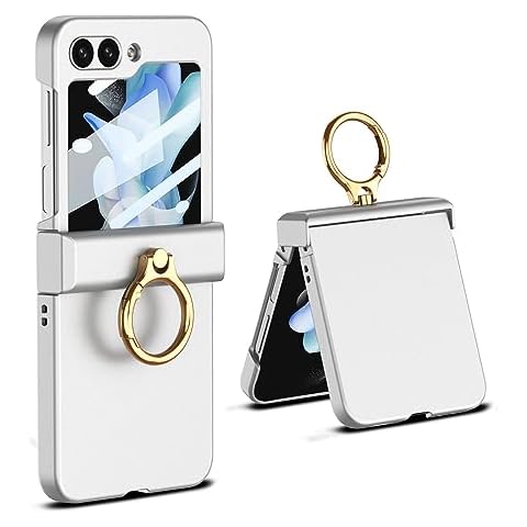 DEMCERT for Galaxy Z Flip 5 with Hinge Protection & Ring Kickstand, Ultra-Thin Protective Case with Screen Protector for Samsung Galaxy Z Flip 5 (Silver) Cover