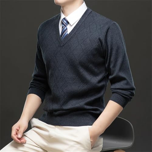 Men Long Sleeve Wool Sweater Solid Color V-Neck Plaids Vintage Casual Knit Top2