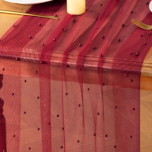 Image of MLMC Red Pearl Table Runner Boho Rustic Tulle Table Runner with Pearls 10ft 29 inchx120 inch Cheesecloth Table Decor for Wedding Bridal Shower Anniversary Home Decoration