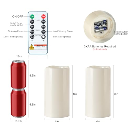 Image of 5plots Large Waterproof Flameless Candles 4 inchx8 inch White LED Pillar Set of 2 | Waterproof plastic candles with remote timer, realistic flickering LED glow. Battery operated for patio, porch & lanterns