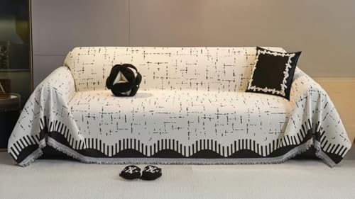 Image of The Furnishing Tree 3 Seater Reversible Chenille Sofa Cover, Double-Sided Luxury Throw, Anti-Slip Couch Cover, Soft & Comfortable Sofa Towel for All Seasons, Minimalist Geometric Fringe