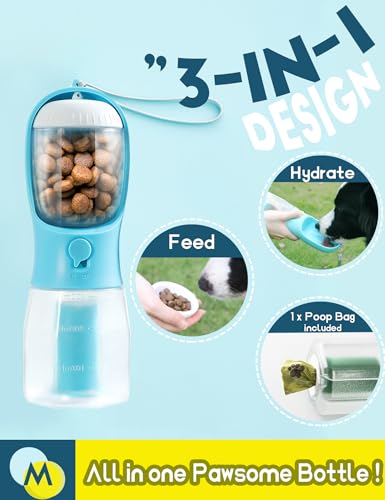 Image of Portable Water Bottle for Small Dogs, 3 in 1 Pet Travel Bowl Dispenser with Food Treat Container & Poop Bag Holder, Summer Hiking Walking Accessories for Puppy On The Go - Blue, 10oz