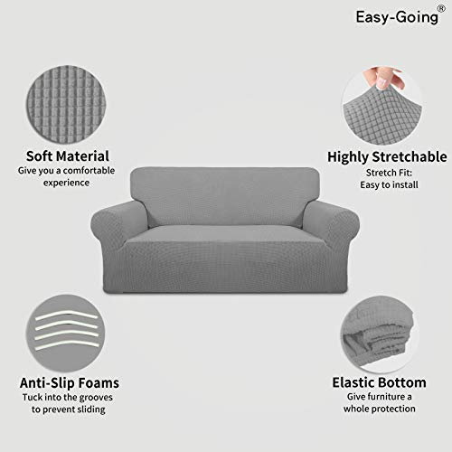Image of Easy-Going Stretch Oversized Loveseat Slipcover 1-Piece Sofa Cover Furniture Protector Couch Soft with Elastic Bottom for Kids Polyester Spandex Jacquard Fabric Small Checks Light Gray