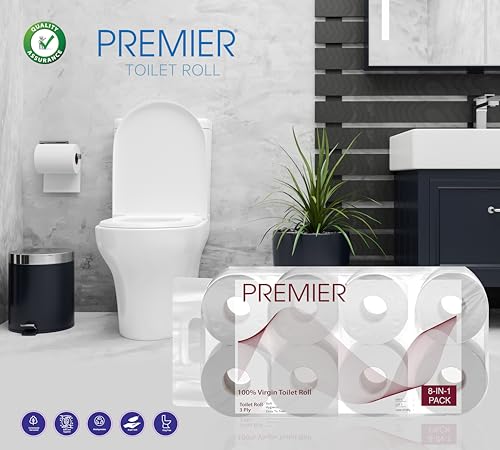 Image of Premier 3 Ply Toilet Tissue Roll (9600 Pulls) | 300 Pulls x 32 Rolls | Biodegradable, Clog Free, Flushable, Easy to Tear | Extra Absorbent Toilet Paper Roll for Home, Office, Bathroom Tissue