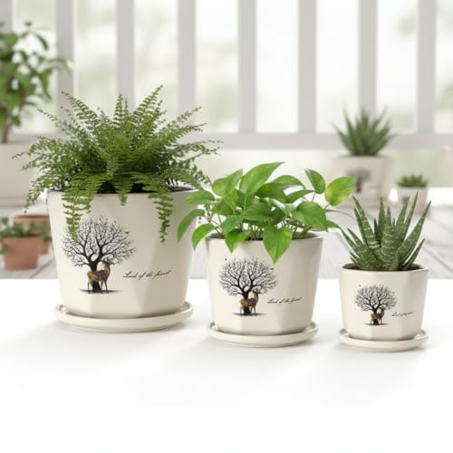 Image of Xtore Graceful Tree Motif Ceramic Planter Pots Set of 3 with Drainage Tray | Decorative Indoor Plant Holders for Living Room, Balcony & Office Desk Styling (Cream, 16.7 /14 /11 cm)
