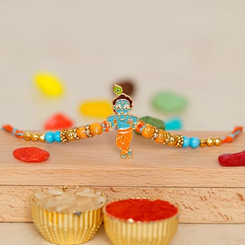 Image of eCraftIndia Multicolor Designer Lord Krishna Kids Rakhis, Best Bro Ever Fridge Magnet with Roli Chawal Pack - Rakhi for Brother, Bhaiya, Bhai