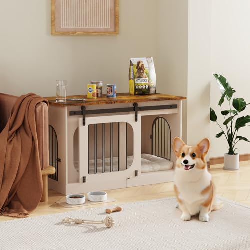 YDTOP Hundebox für Zuhause 100cm, XL Hundekäfig Möbel mit 3 Schiebetüren & Hundematte, Moderne Hundehütte Holz für Kleine Mittlere Große Hunde, 100x60x69cm, Weiß & Braun