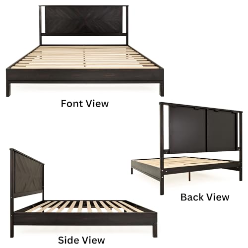 Image of Bme Vivian 14 Inch Deluxe Bed Frame with Headboard, Rustic & Scandinavian Style with Solid Acacia Wood, No Box Spring Needed, 12 Strong Wood Slat Support, Easy Assembly, King, Rustic Black