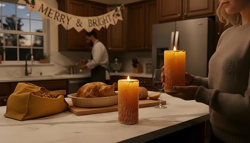 Image of Glass Flameless Pillar Candles Flickering with Remote Timer, Battery Operated LED 3D Moving Flame Real Wax Candles,Remote Included (Honey Yellow Cracked Glass)