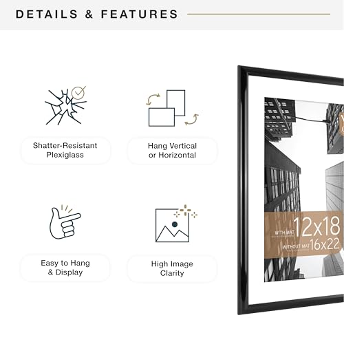 Image of MCS Trendsetter Poster Frame With Mat Option, 16x22 Matted to 12x18, Black | Trendsetter Poster Frame For Photos, 16x22 Inch, Displays 12x18 Inch Matted Or 16x22 Unmatted, Black, 1-Pack