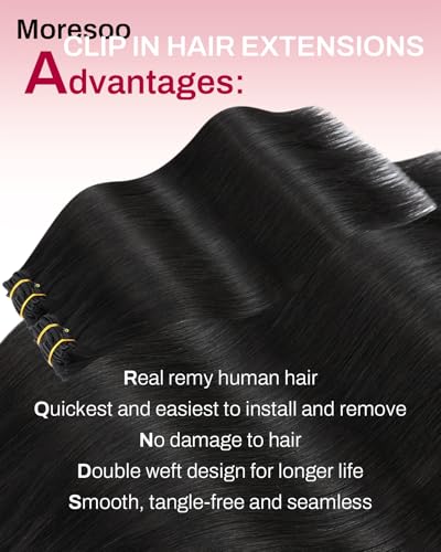 Image of Moresoo Clip in Hair Extensions Natural Black Human Hair Short 10 inch 80g | Real human hair clip ins, sleek natural black, 5pcs, remy straight texture, easy daily styling for short hair