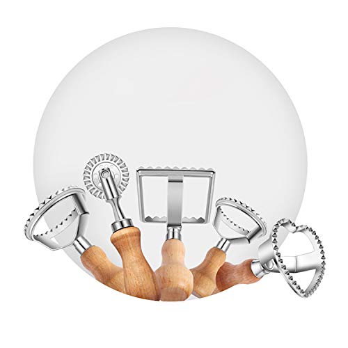 Ravioli Cutter Stamp Maker and Pasta Roller Wheel Cutter Set, Round Square Shape Fluted Press Mold with Wooden Handle for Kitchen Ravioli Machine (5 Set)