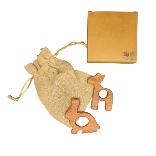 Ji and Ja® Handmade Natural Neem Wooden Base Teether Cum Rattle, for Kids Teething Toy with BeeWax and Smooth Finish Texture (Rabbit Giraffe)