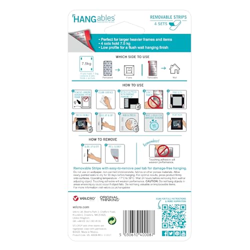 VELCRO Marke | HANGables Abnehmbare Bildaufhängestreifen | Starke selbstklebende Streifen | Weiß | 4 Sets halten bis zu 7,5 kg | Set aus 4 Stück (Packung mit 2)