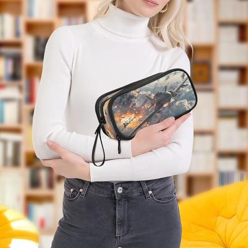 Image of Fighter Jets in Action Large Pencil Case, Pen Pouch Pencil Bag with 3 Compartments Pen Holder Organizer Stationery Bag