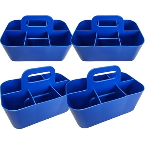 Enjoy Organizer - Small Stackable Plastic Caddy with Handle 6 Compartment | Desk, Makeup, Dorm Caddy, Classroom Art Organizers - 4 Pack, Made In USA (Blue) Cover