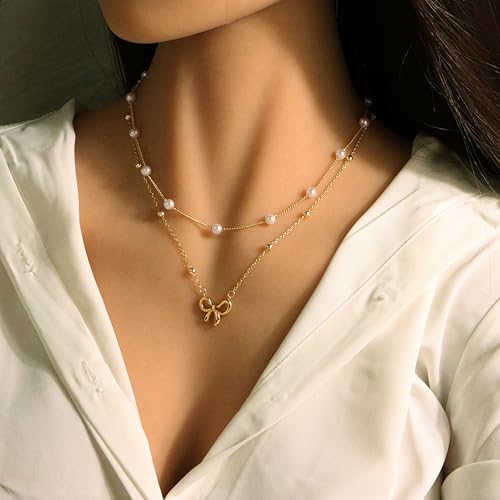 Bow Necklace Trendy 14k Gold Silver Plated Pearl Choker Bow Pendants Necklace Layered Necklaces for Women Jewelry Gift2