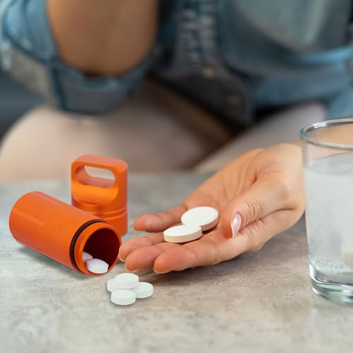 Relaxdays pillenkoker, set van 3, waterdichte capsule, reis pillendoosje, aluminium, H x Ø 9,5 x 3 cm, kamperen, oranje - Afbeelding 3
