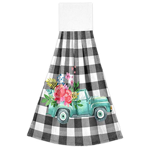 Turquoise Truck Rose Hanging Kitchen Towels 2 Pieces Spring Floral Black White Buffalo Check Plaid Dish Cloth Tie Towels Hand Towel Tea Bar Towels For Bathroom Farmhouse Housewarming Tabletop Home #TOP1