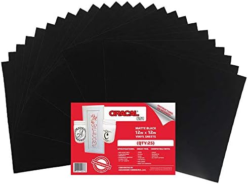 (25) 12" x 12" Sheets - Oracal 651 Matte Black Adhesive Craft Vinyl for Cricut, Silhouette, Cameo, Craft Cutters, Printers, and Decals - Matte Finish and Outdoor and Permanent