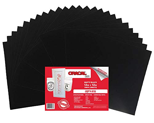 (25) 12" X 12" Sheets - Oracal 651 Matte Black Adhesive Craft Vinyl For Cricut, Silhouette, Cameo, Craft Cutters, Printers, And Decals - Matte Finish And Outdoor And Permanent #TOP8