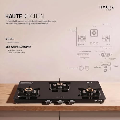 Image of Haute Essencia Series 2.0 All Black 3 Burner Gas Stove | Manual Ignition | 7mm Toughened Glass | ABS Unbreakable Knobs | Doorstep Service | 7-Year Glass & 2-Year Manufacturing Warranty
