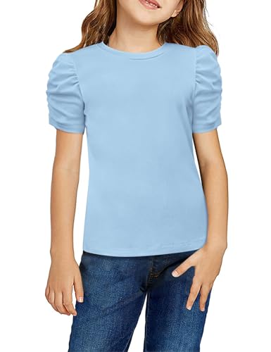 Image of Arshiner Girls Puff Short Sleeve Shirts Summer Ribbed Knit Crewneck T Shirt Tops Tee Blouse