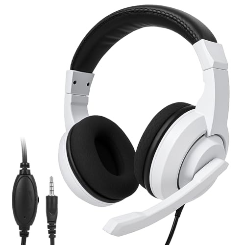 KLOJIM L02 Wired Headset, 3.5mm Stereo Headphones with Noise Canceling Microphone & Volume Controls, On-Ear Computer Headset for School/Office/Online/Gaming (White)